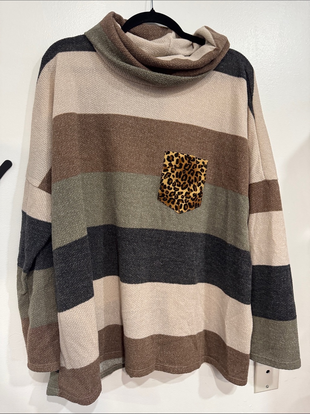 LOFT Striped Cowl Neck Sweater with Leopard Pocket - Neutral Multi